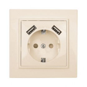 EKF Basic Минск Бежевый Розетка с/з, со шторками, 16А, с 2 USB 2,1А, СП.