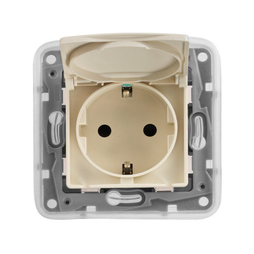 Розетка с заземлением IP44 - Legrand Etika - со шторками с защитной крышкой 16А 250В безвинтовые зажимы - слоновая кость