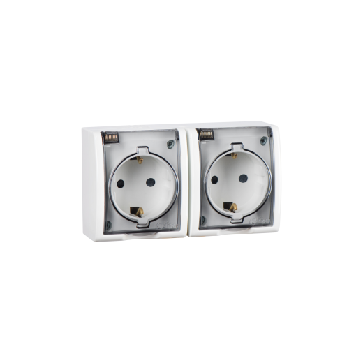 Simon15 Aqua Белый Розетка 2-я с/з с крышкой с защитными шторками наружная,IP54