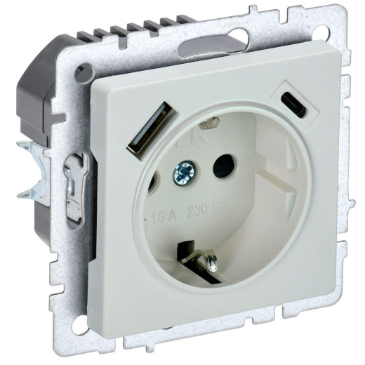 BRITE Роз. с з/к/ш 16А с USB A+C 18Вт РЮш11-1-БрЖ жемч. IEK