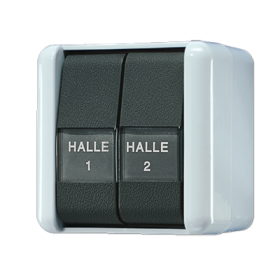 JUNG Сдвоенная кнопка 10AX 250V~ с универсальными контактами и полем для надписи IP44