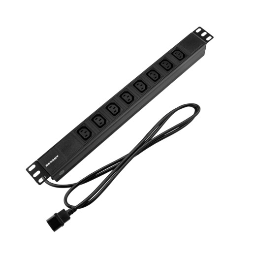 Блок распределения питания PDU горизонтальный 1U 8 розеток C13 10A без выкл алюм корп шнур 2м вилка C14 черный REXANT