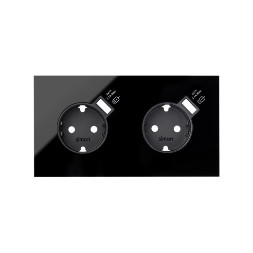 Simon 100 Черный глянец Кит 2 поста, фронт. Накладка на 2 розетки Schuko с з/у USB SC