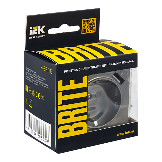 BRITE Роз. с з/к/ш 16А с USB A+A 3,1А РЮш10-2-БрС сталь IEK