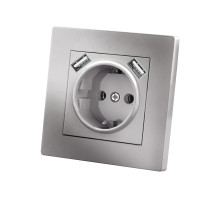 TDM Розетка 2П+З 16А 250В + 2 USB порта 2,1А 5В серебр. металлик 