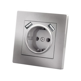 TDM Розетка 2П+З 16А 250В + 2 USB порта 2,1А 5В серебр. металлик 