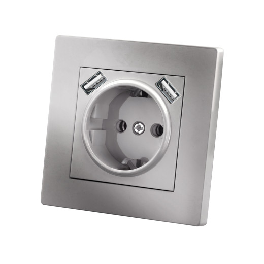Розетка 2П+З 16А 250В + 2 USB порта 2,1А 5В серебр. металлик 
