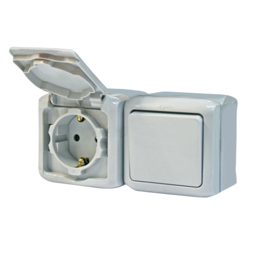 Блок выключатель и розетка с заземлением с защитными шторками - Legrand Quteo - IP44 16А 250В винтовые зажимы накладной монтаж - серый