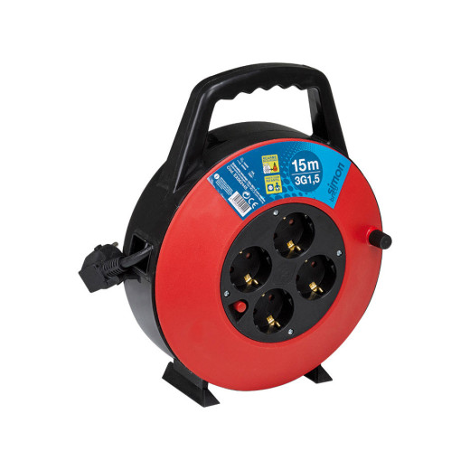 Удлинитель-катушка на 4 розетки Schuko, автовыключатель, кабель 15м, SBrico, черно-красный