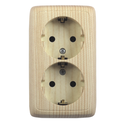 РА16-151-02 Розетка открытой установки, двухместная, с заземляющим контактом, цвет сосна