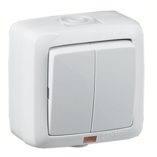 ВА16-252 Выключатель открытой установки, двухклавишный, с индикацией, брызгозащищенный, цвет белый