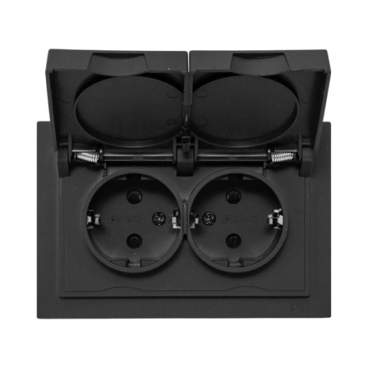 Механизм розетки двойной, 16А, IP44, с заземлением, со шторками, с рамкой, с крышками, чёрный Эпика EKF