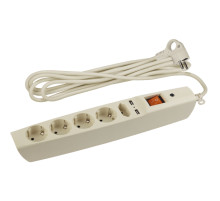 ЭРА Сетевой фильтр  SFU-5es-2m-I с надежной защитой с заземлением с выключателем 5 розеток 2xUSB 2м 10А слоновая кость