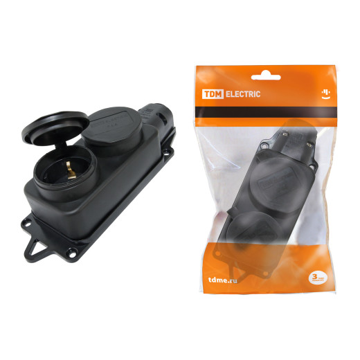 Розетка двухместная с заглушками каучук, 2Р+РЕ, 16А, 250В, IP44, черная TDM