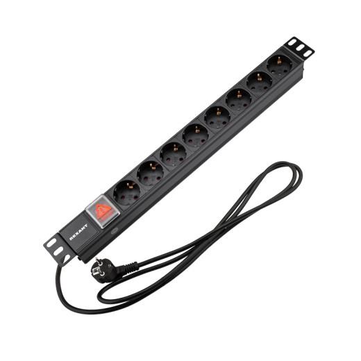 Блок распределения питания PDU горизонтальный 1U 8 розеток СЕЕ 7/4 Schuko 16A выкл алюм корп шнур 2м вилка СЕЕ 7/7 Schuko черный REXANT