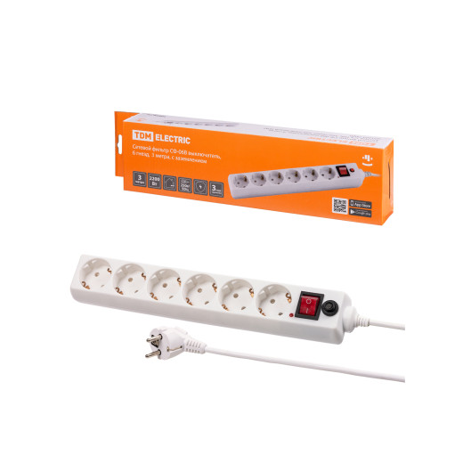 Сетевой фильтр СФ-06В выключатель, 6 гнезд, 3 метра, с/з, ПВС 3х0,75мм2 10А/250В белый TDM