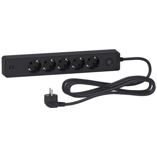 UNICA EXTEND удлинитель 5 розеток 2К+З, кабель 3м, 2 USB, ЧЁРНЫЙ