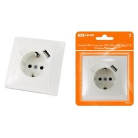 TDM Розетка 2П+З с защ. шт. 16А 250В + USB порт 2,1А 5В белая 