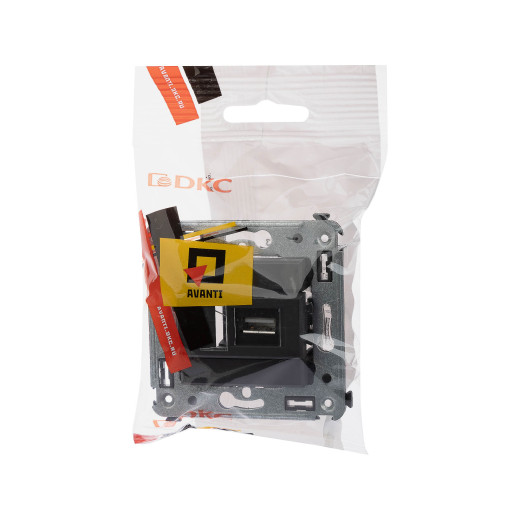 USB 2.0 розетка одинарная в стену, тип А-А, Avanti, черный матовый