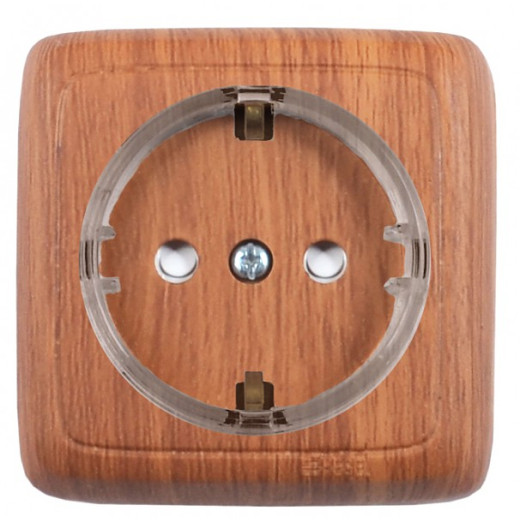 РА16-174-05 Розетка открытой установки, одноместная, с заземляющим контактом, со шторкой, с изолирующей пластиной, цвет дуб