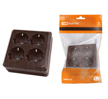 TDM Розетка четырехместная 2П+3 открытой установки IP20 16A с защитными шторками бук 