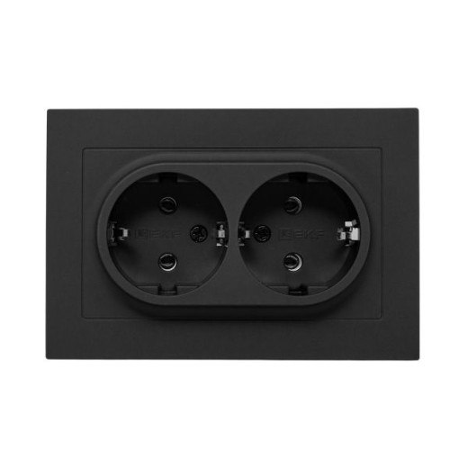 Механизм розетки двойной, 16А, с заземлением, без шторок, с рамкой, чёрный Эпика EKF
