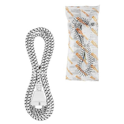 Шнур сетевой с вилкой в тканевой оплетке ПВС 2x0,75мм2 1,8м, 1400 Вт б/з белый TDM