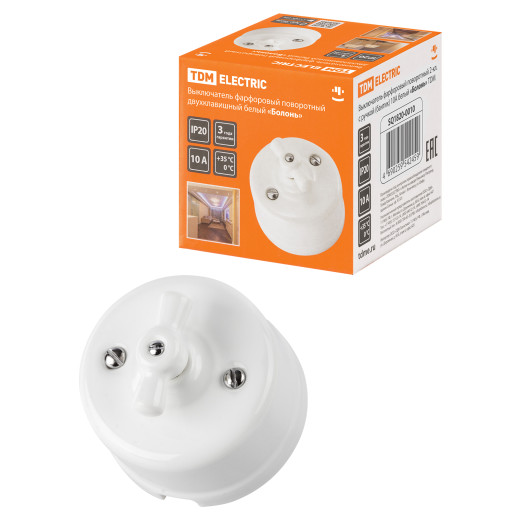 Выключатель фарфоровый поворотный 2-кл. с ручкой (бантик) 10А белый «Болонь» TDM