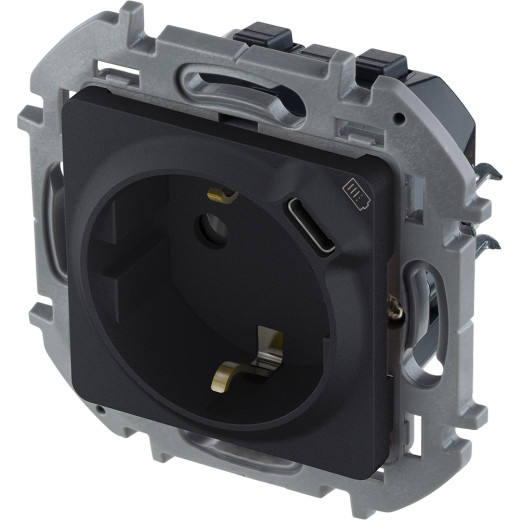 Розетка с заземлением с USB тип C - Legrand Inspiria - со шторками 16А 250В 1500мА 5В безвинтовые зажимы - антрацит