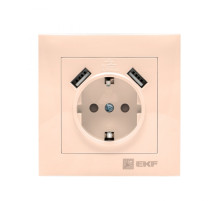 EKF PROxima Валенсия розетка 1-местная с/з 16А кремовая с защ. штор. с 2 USB 2,1А.