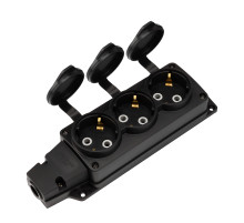 REXANT Розетка (колодка) влагозащищенная с крышкой 3 гнезда COMPACT, с/з, 16А, IP54, каучук, черная.