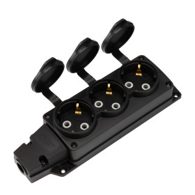 REXANT Розетка (колодка) влагозащищенная с крышкой 3 гнезда COMPACT, с/з, 16А, IP54, каучук, черная.