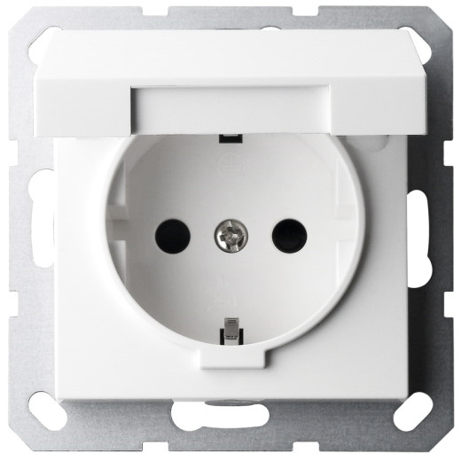 G Белый глянцевый Розетка с/з со шторками с крышкой 16A 250V~