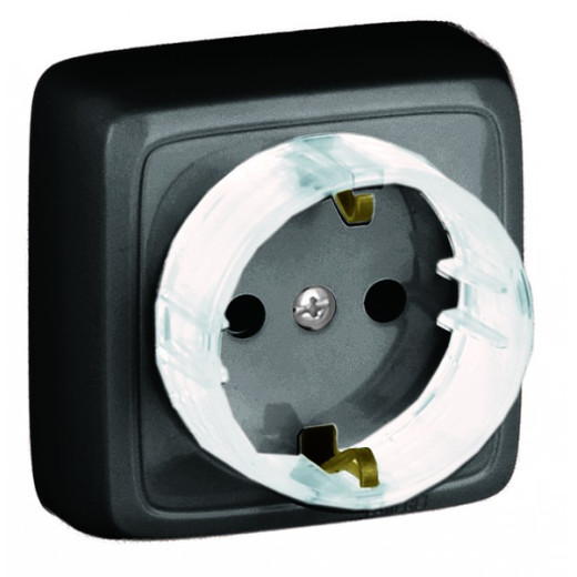 РА16-174-08 Розетка открытой установки, одноместная, с заземляющим контактом, со шторкой, с изолирующей пластиной, цвет черный