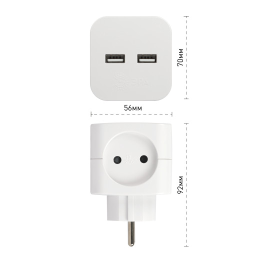 Разветвитель электрический ЭРА SP-2-USB-W на 2 розетки + 2xUSB 2400mA без заземления 10А белый