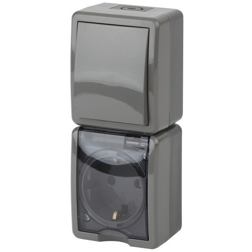 Блок розетка с выключателем ЭРА Эксперт 11-7407-03 IP54 16A-10AX-250В ОУ серый