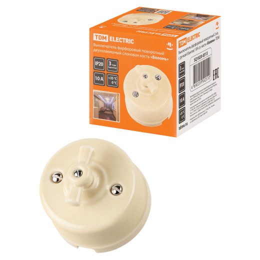 Выключатель фарфоровый поворотный 2-кл. с ручкой (бантик) 10А сл. кость «Болонь» TDM
