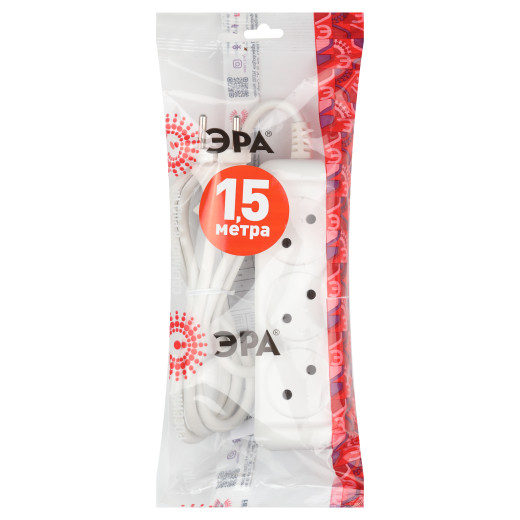 Удлинитель электрический ЭРА  U-3-1,5m-2x1 без заземления 3 розетки 1,5м ПВС 2x1мм2 10А