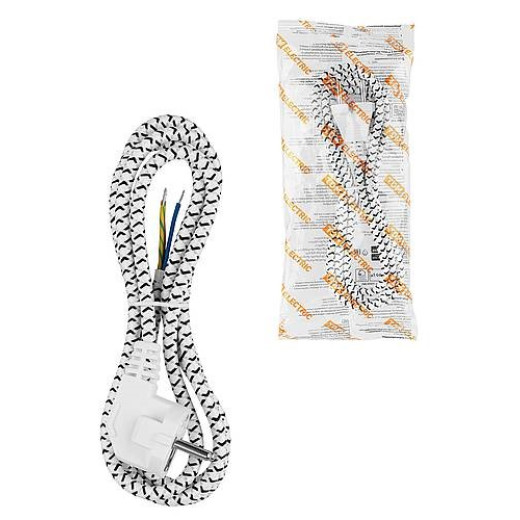 Шнур сетевой с вилкой в тканевой оплетке ПВС 3x0,75мм2 1,8м, 2400 Вт с/з белый TDM