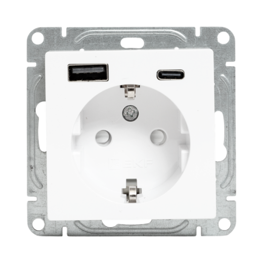 Механизм розетки с USB-A+С - 2шт, 16А, с заземлением, со шторками, белый Эпика EKF