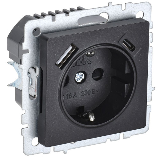 BRITE Роз. с з/к/ш 16А с USB A+C 18Вт РЮш11-1-БрЧ черн. IEK