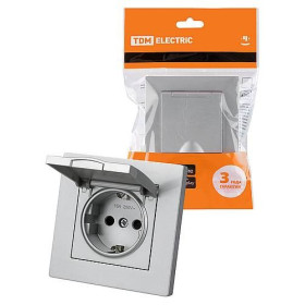 TDM Розетка 2П+З 16А 250В IP44 с защ. шт. с крышкой серебр. металлик 