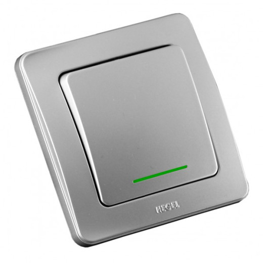 ВС10-332-06 Выключатель скрытой установки, одноклавишный, с индикацией, с самовозвратом, цвет серебро