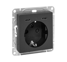 EKF Эпика Механизм розетки с USB-C - 2шт, 16А, с заземлением, со шторками, чёрный.