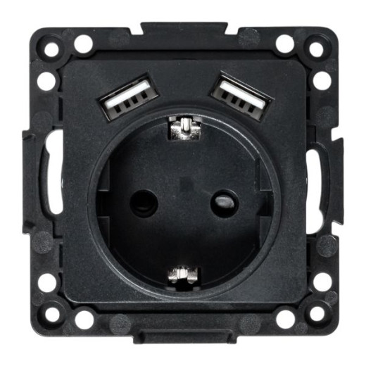Стокгольм Механизм Розетки 1-местной с/з, USB 2A 16А винтовые клеммы черный с защ. штор. EKF
