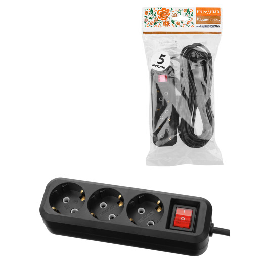 Удлинитель 3 гнезда, 5 метров, с/з, выкл., 16 А, 3680 Вт, черный, НАРОДНЫЙ