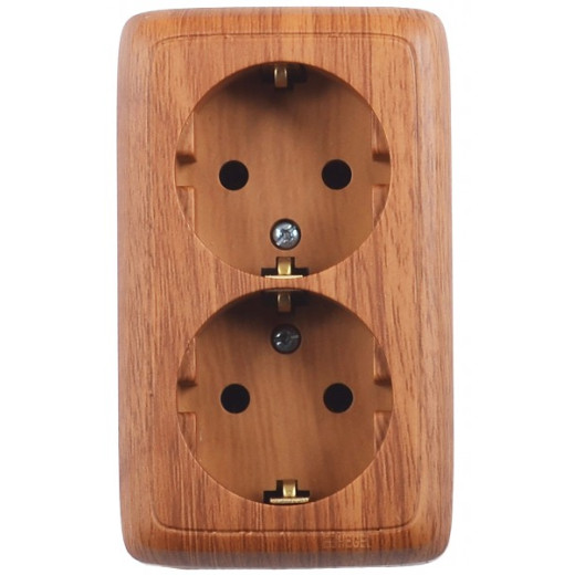 РА16-155-05 Розетка открытой установки, двухместная, с заземляющим контактом, с монтажной пластиной, цвет дуб