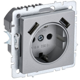 IEK BRITE BASE Алюминий Розетка с з/к/ш 16А с USB A+A 3,1А РЮш10-2-БрА