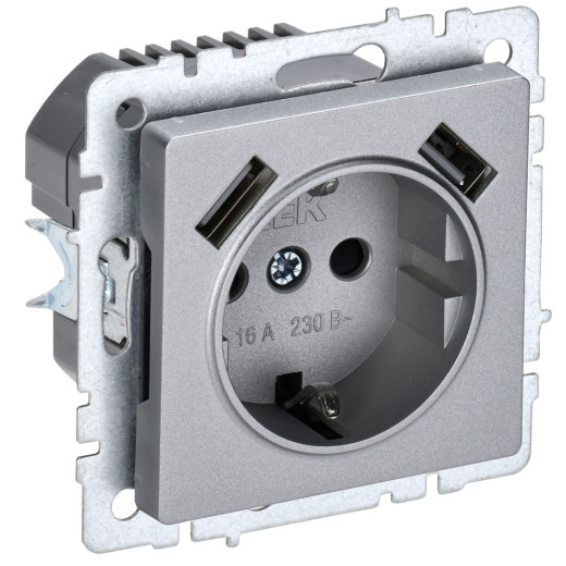 BRITE Роз. с з/к/ш 16А с USB A+A 3,1А РЮш10-2-БрА алюм. IEK