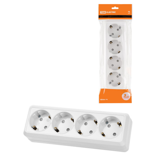 Розетка 4-х местная горизонтальная 2П+3 открытой установки IP20 16A с з/ш белая 